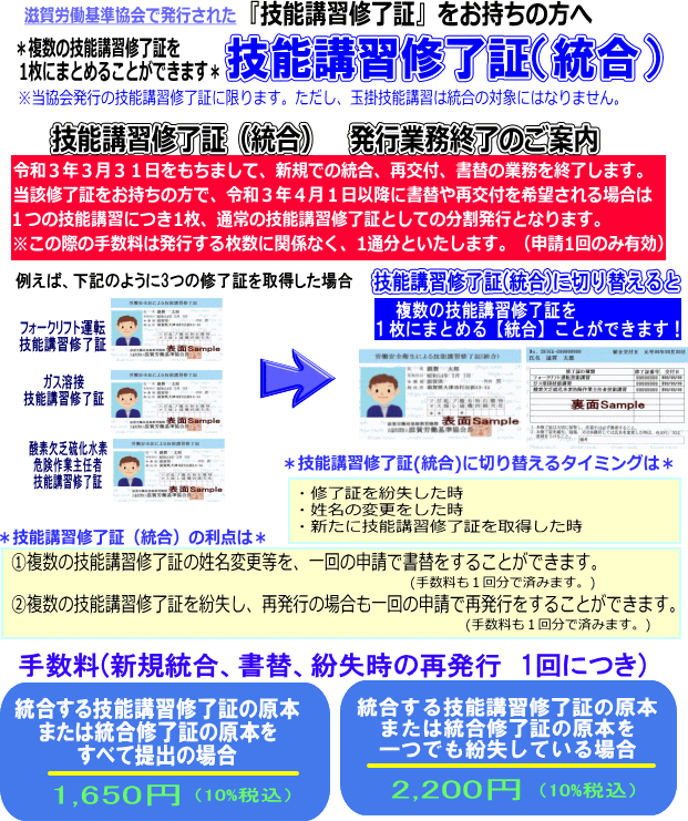 技能講習修了証（統合）の説明
